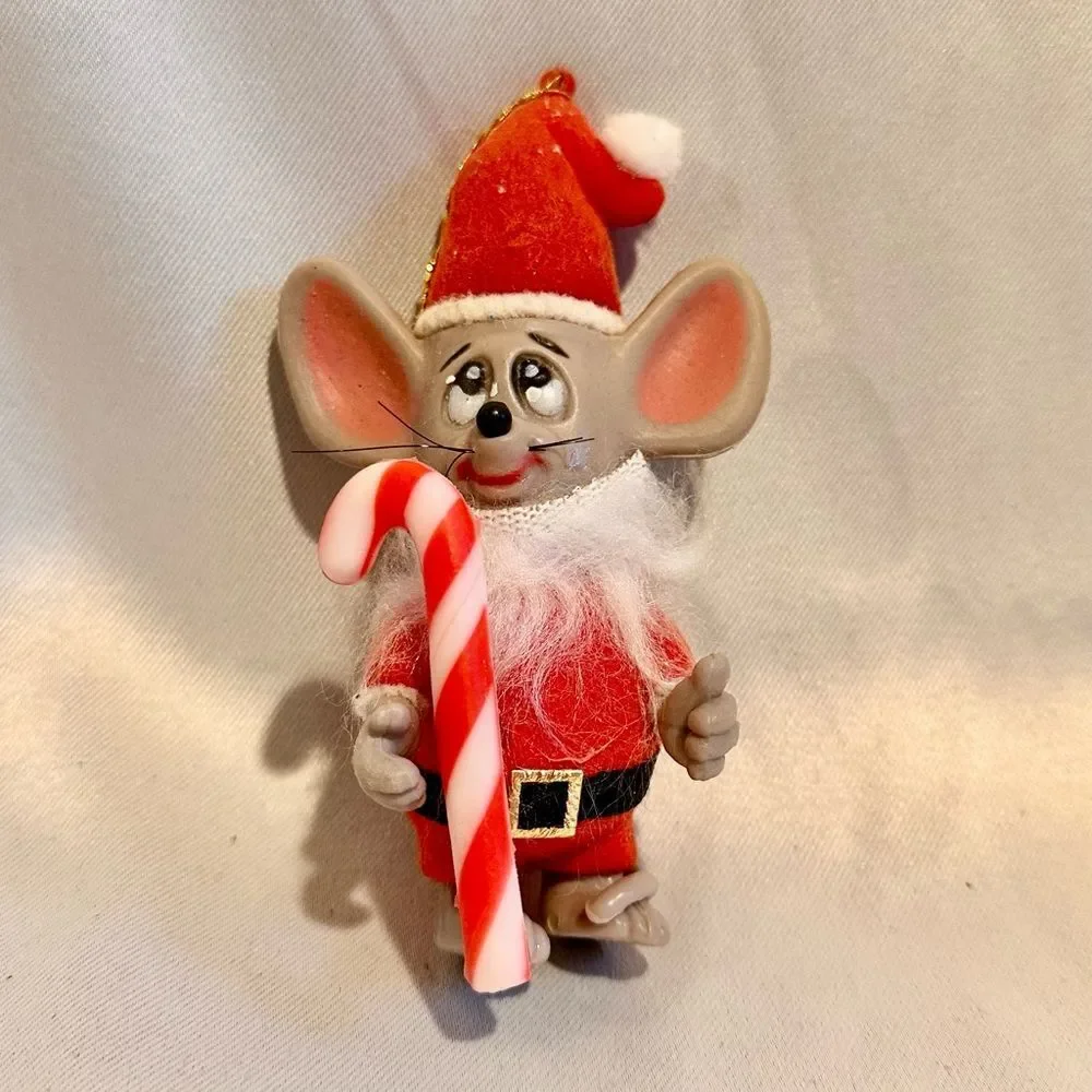 Vintage Christmas Mouse Ornament with Candy Cane Flocked Santa Suit 4”H